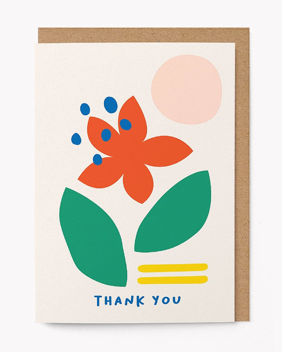 Thank You Flower Klappkarte mit abstrakter Blume, blauen Punkten, grünen Blättern und gelben Akzenten auf mattem, FSC-zertifiziertem Papier, inklusive Kraftpapier-Umschlag, von Graphic Factory.