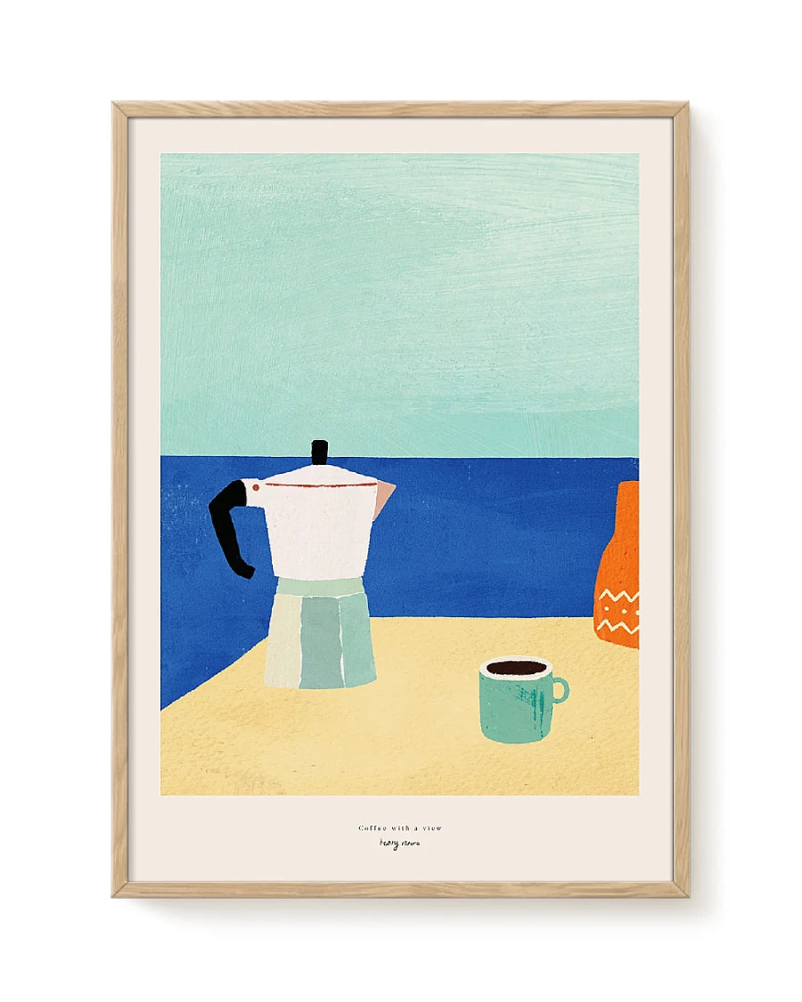 Coffee with a View-Print (DinA3): Kunstwerk von Henry Rivers mit einem minimalistischen Küstencafé-Motiv, gedruckt in Dänemark, ohne Rahmen.