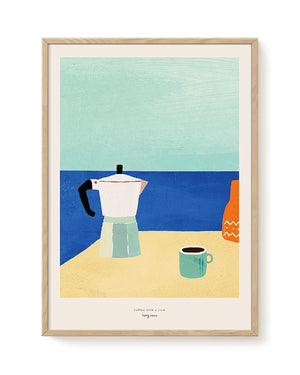 Coffee with a View-Print (DinA3): Kunstwerk von Henry Rivers mit einem minimalistischen Küstencafé-Motiv, gedruckt in Dänemark, ohne Rahmen.