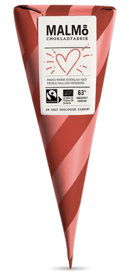 Malmö Organic Cone Zartbitterschokolade (54% Kakao) KÄRLEK mit Himbeere