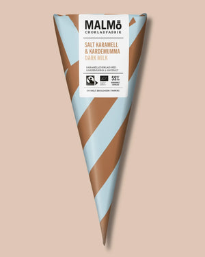 Malmö Organic Cone Milchschokolade (55% Kakao) mit gesalzenem Karamell und Kardamon