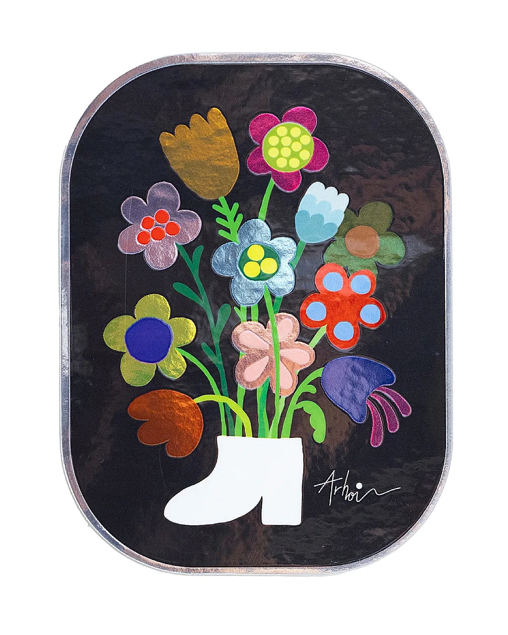 Studio Arhoj - Sticker Peace Please: Eine stilisierte Blumenillustration in einem weißen, stiefelförmigen Vase, ideal zur Verschönerung von Laptops, Wasserflaschen und Planern.