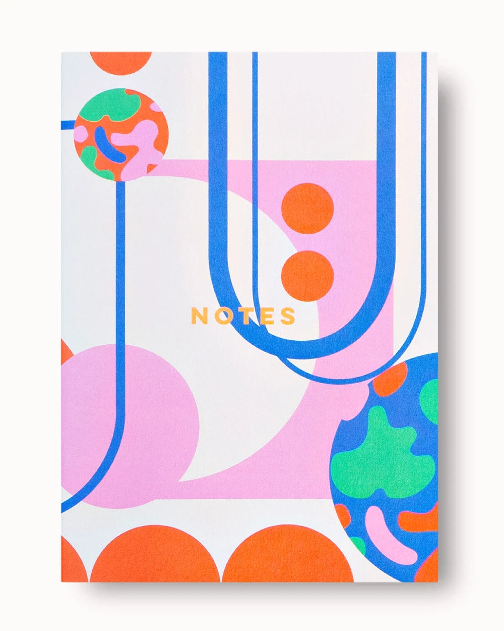 Arches Slimline A5 Notebook - Lined mit abstraktem Design: große Kreise, bunte Linien, pinker Mittelteil, gelber NOTES-Schriftzug. Hochwertiger Notizblock, ideal für stilvolle Schreibwaren.