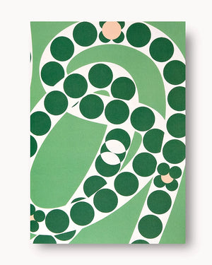 Notizbuch Damson Slimline A5 mit Punkteraster, abstraktem, geometrischem Design aus grünen und pfirsichfarbenen Kreisen, ideal für unterwegs, gestaltet von The Completist, erhältlich im Human Empire Shop.