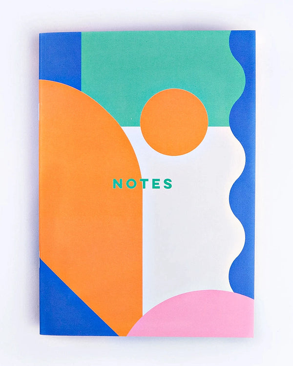 Miami Slimline A5 Notebook - Dot Grid, mit geometrischen Formen in lebhaften Farben auf weißem Hintergrund, „NOTES“ in grüner Schrift, ideal für Schreibwarenliebhaber.