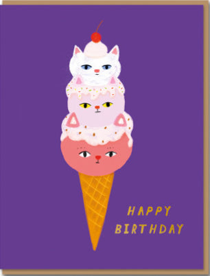 Klappkarte Happy Birthday von 1973 Drei Kugeln Eis mit Katzengesichtern