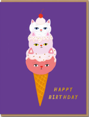 Klappkarte Happy Birthday von 1973 Drei Kugeln Eis mit Katzengesichtern