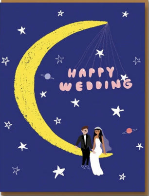 Klappkarte Moonlight Happy Wedding von 1973 - Mann und Frau Hochzeitspaar Schaukel Mondsichel