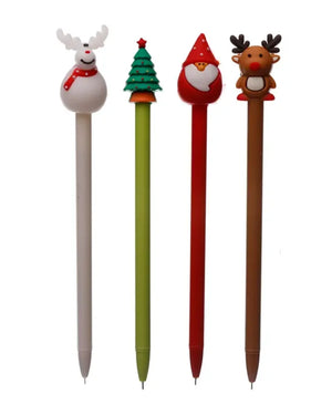 Vier Festive Friends Christmas Stifte mit weihnachtlichen Figuren: weißes Rentier, Weihnachtsbaum, Weihnachtsmann, braunes Rentier. Ideal für festliche Schreibprojekte, nicht für Kinder unter 3 Jahren.
