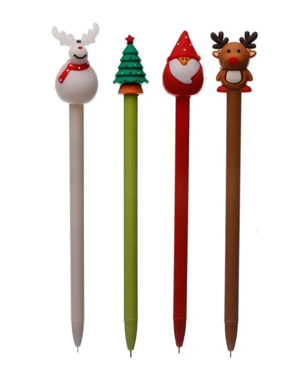 Vier Festive Friends Christmas Stifte mit weihnachtlichen Figuren: weißes Rentier, Weihnachtsbaum, Weihnachtsmann, braunes Rentier. Ideal für festliche Schreibprojekte, nicht für Kinder unter 3 Jahren.