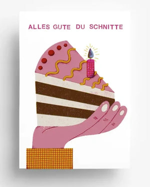 Postkarte Alles Gute Du Schnitte zeigt eine Hand mit Tortenstück und Kerze, illustriert von Barbara Dziadosz. Gedruckt auf 300g/qm Offsetpapier.