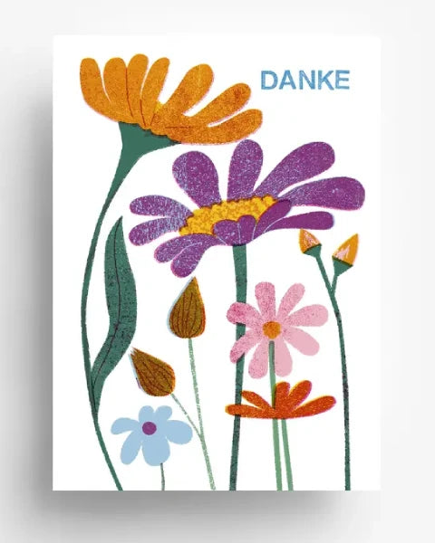 Dankeskarte Danke Flowers Postkarte mit stilisierten Wildblumen von Barbara Dziadosz, illustriert auf ungestrichenem Offsetpapier, Format DIN A6.