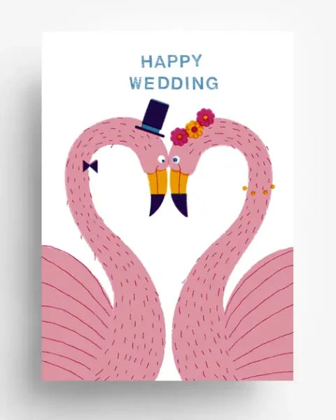 Flamingo Happy Wedding Postkarte mit zwei Flamingos in Herzform. Einer trägt Zylinder, der andere Blumenschmuck. Text: HAPPY WEDDING. Format: Din A6, ungestrichenes Offsetpapier.