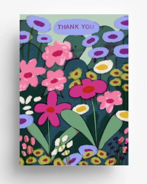Thank You Flowers Postkarte mit buntem Blumenfeld und THANK YOU-Schriftzug, digital gedruckt auf 300g/qm Offsetpapier, entworfen von Barbara Dziadosz. Format: Din A6.