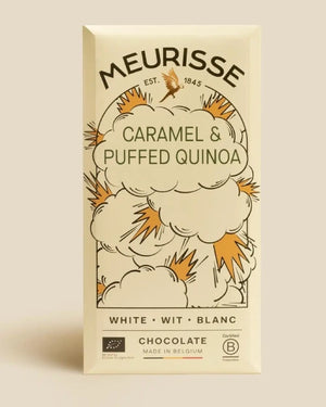 Meurisse Weiße Schokolade (36%) mit Karamell und gepuffte Quinoa - 100g, in cremiger Verpackung mit Bio- und Fairtrade-Zertifizierung, zeigt stilisierte Puff-Illustrationen und EU-Bio-Logo.