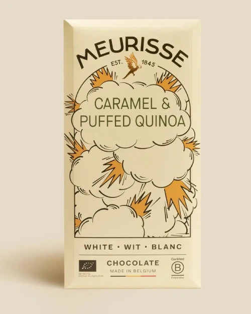 Meurisse Weiße Schokolade (36%) mit Karamell und gepuffte Quinoa - 100g, in cremiger Verpackung mit Bio- und Fairtrade-Zertifizierung, zeigt stilisierte Puff-Illustrationen und EU-Bio-Logo.