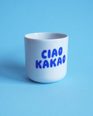Weißer Keramikbecher Blaue Schrift Ciao Kakao Tinyday