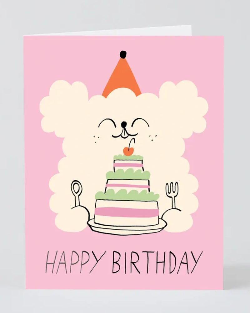 Happy Birthday Dog & Cake Klappkarte mit Cartoon-Tier und Geburtstagstorte, illustriert von Odile Ferraille für WRAP Paper, inklusive Umschlag, auf FSC-zertifiziertem Karton gedruckt.