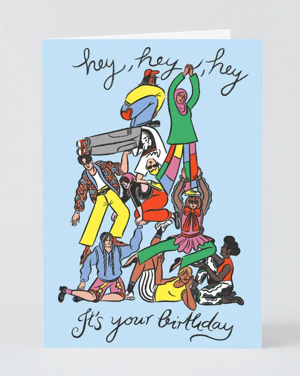 Hey Hey Hey It's Your Birthday Klappkarte mit einer stilisierten Menschenpyramide, illustriert von Cynthia Kittler, inklusive passendem Umschlag, auf nachhaltigem Karton gedruckt.