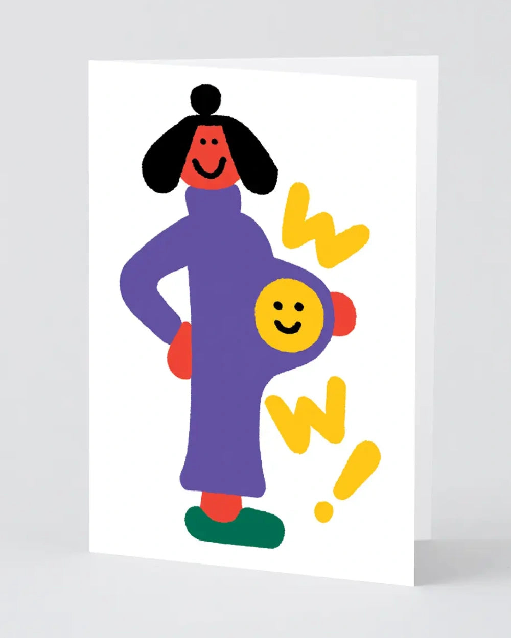 Wow! Klappkarte mit stilisiertem Profil einer Person: schwarzer Haarknoten, lila Kleid, roter Körper, gelbes Gesicht im Bauch. Gedruckt auf FSC-zertifiziertem Karton, passend verpackt.