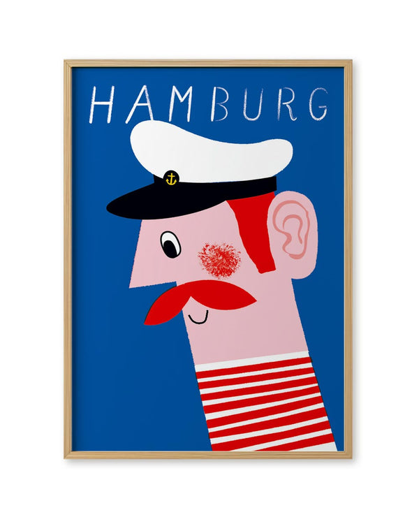 Poster Hamburg Jörn Blau: Stilisiertes Seemannsporträt mit rotem Bart, weißer Kapitänsmütze und gestreiftem Shirt, gestaltet von Jan Kruse, Format Din A3.