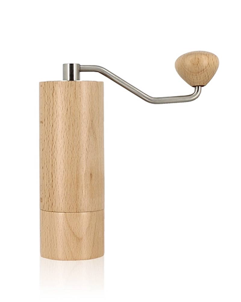 Kaffeemühle aus Buchenholz No.1: Manuelle Mühle mit Holz-Zylinder und Metallkurbel, ideal für präzises Kaffeebohnenmahlen; robustes Design aus Buchenholz und Stahl für 3-4 Tassen.