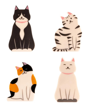 Vier Kitty Bag Clips im Cartoon-Stil, ideal zum Verschließen von Beuteln. Set enthält schwarze, weiße, und calico Katzenfiguren. Perfekt für charmante Organisation.