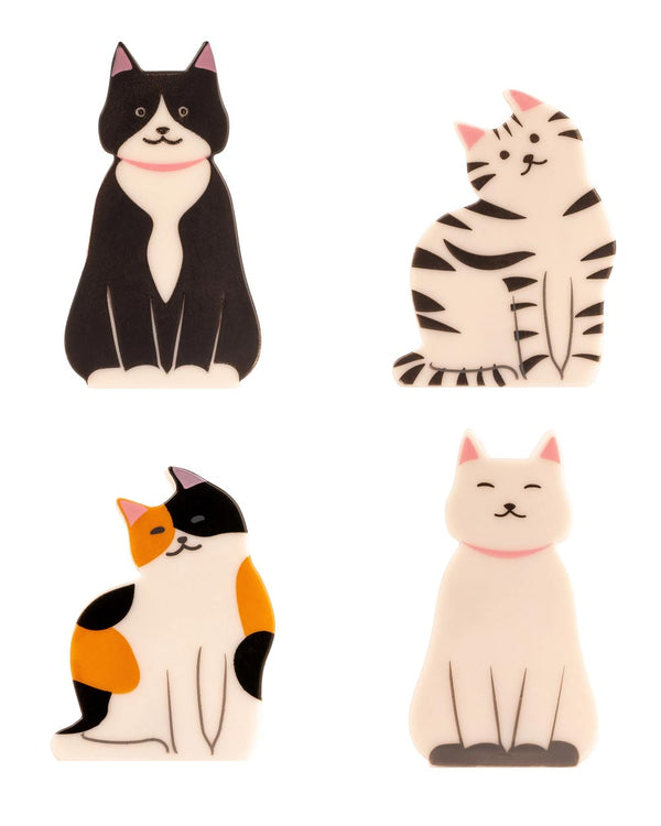 Vier Kitty Bag Clips im Cartoon-Stil, ideal zum Verschließen von Beuteln. Set enthält schwarze, weiße, und calico Katzenfiguren. Perfekt für charmante Organisation.