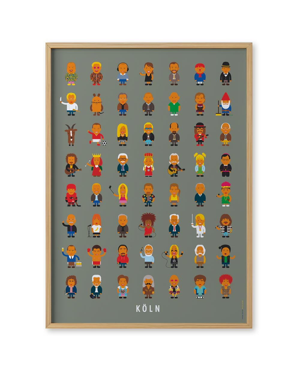 Leute Köln Poster: Cartoon-Charaktere und Figuren auf einem Poster, die Aspekte der Kölner Kultur darstellen, entworfen von Malte Kaune, erhältlich in zwei Formaten.
