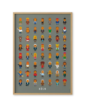 Leute Köln Poster: Cartoon-Charaktere und Figuren auf einem Poster, die Aspekte der Kölner Kultur darstellen, entworfen von Malte Kaune, erhältlich in zwei Formaten.