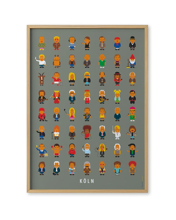 Leute Köln Poster: Cartoon-Charaktere und Figuren auf einem Poster, die Aspekte der Kölner Kultur darstellen, entworfen von Malte Kaune, erhältlich in zwei Formaten.