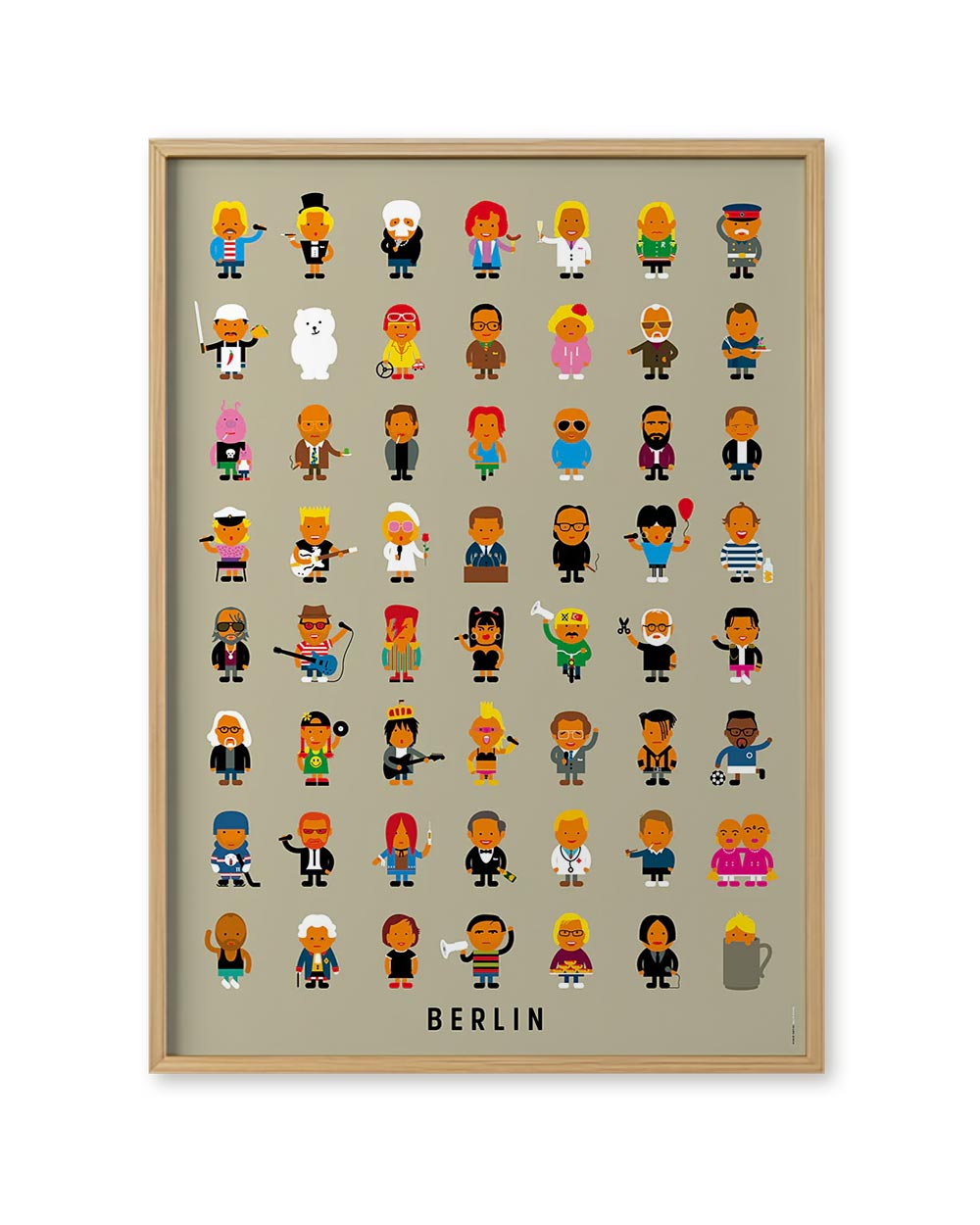Leute Berlin Poster: Fröhliche, stilisierte Cartoon-Charaktere in einem 8x8-Raster, gerahmt. Perfekt für Fans von verspielten Designs und Berliner Flair.