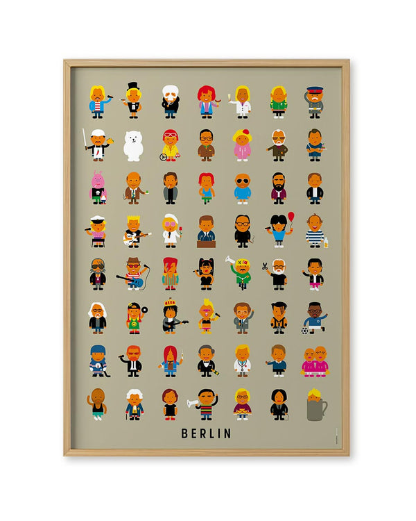 Leute Berlin Poster: Fröhliche, stilisierte Cartoon-Charaktere in einem 8x8-Raster, gerahmt. Perfekt für Fans von verspielten Designs und Berliner Flair.