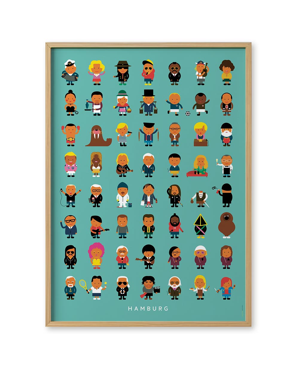 Hamburger Leude Poster mit cartoonhaften Figuren von berühmten Persönlichkeiten, darunter der Schriftzug 'HAMBURG'. Design von Malte Kaune, 50x70 cm, ungerahmt.