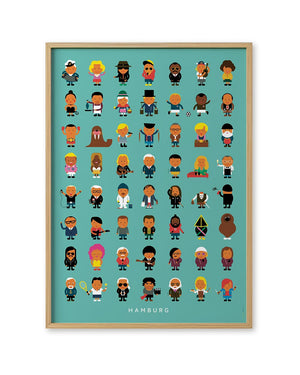 Hamburger Leude Poster mit cartoonhaften Figuren von berühmten Persönlichkeiten, darunter der Schriftzug 'HAMBURG'. Design von Malte Kaune, 50x70 cm, ungerahmt.