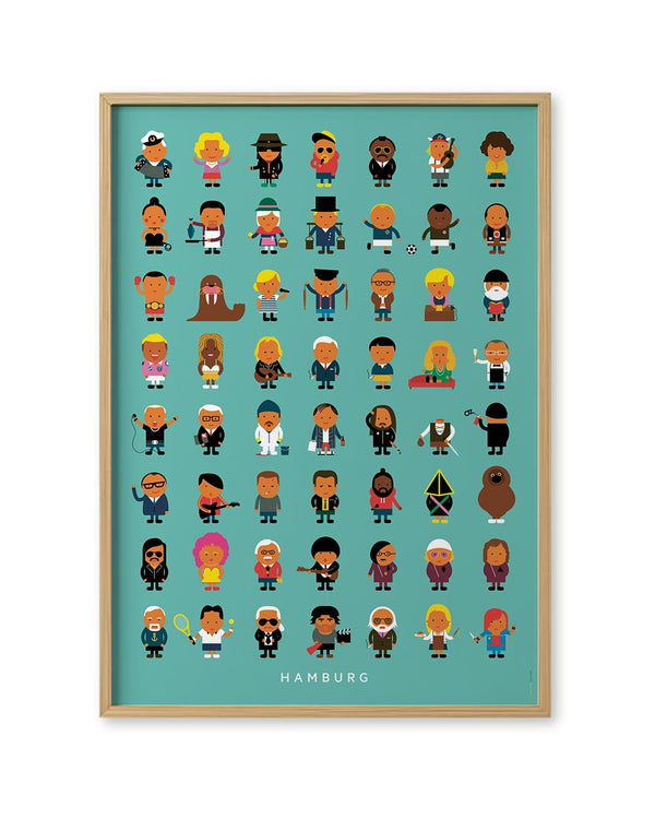 Hamburger Leude Poster mit cartoonhaften Figuren von berühmten Persönlichkeiten, darunter der Schriftzug 'HAMBURG'. Design von Malte Kaune, 50x70 cm, ungerahmt.