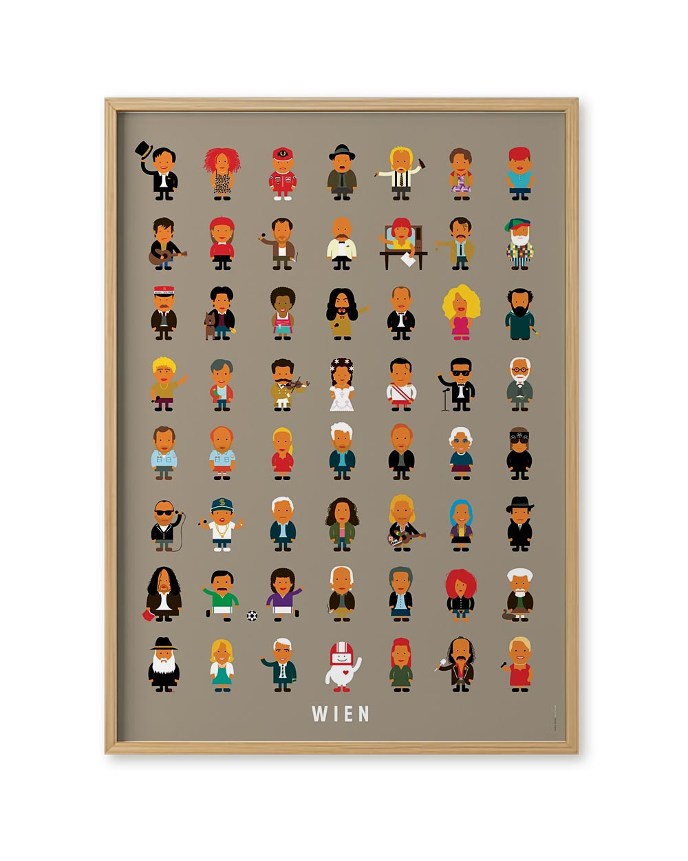 Leute Wien Poster: Gerahmtes Poster mit cartoonhaften Avataren berühmter Wiener Persönlichkeiten in einem Raster, unten WIEN gedruckt. Ideal für Kunst- und Kulturfans.