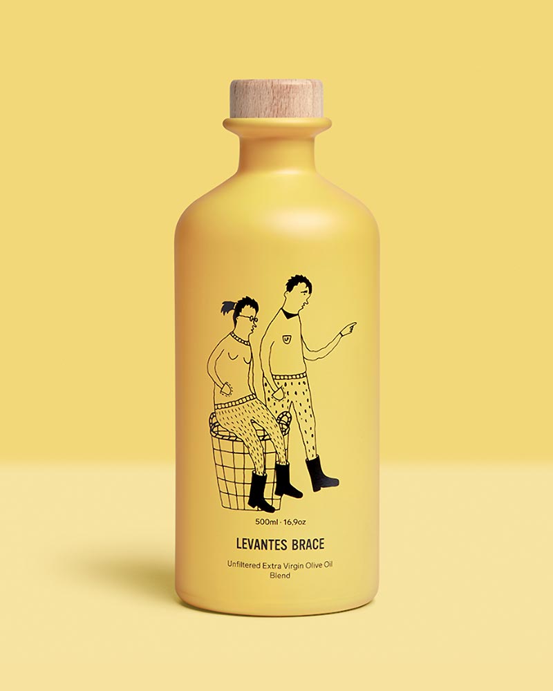 Levantes BRACE - Extra Virgin Olivenöl - 350ml Flasche mit Holzstopfen, illustriert mit stilisierten Figuren. Ungefiltertes Öl aus Manaki-Oliven, handgeerntet auf Levantes Farm, Griechenland.