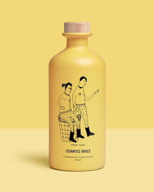 Levantes BRACE - Extra Virgin Olivenöl - 350ml Flasche mit Holzstopfen, illustriert mit stilisierten Figuren. Ungefiltertes Öl aus Manaki-Oliven, handgeerntet auf Levantes Farm, Griechenland.