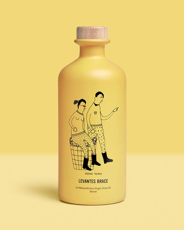 Levantes BRACE - Extra Virgin Olivenöl - 350ml Flasche mit Holzstopfen, illustriert mit stilisierten Figuren. Ungefiltertes Öl aus Manaki-Oliven, handgeerntet auf Levantes Farm, Griechenland.