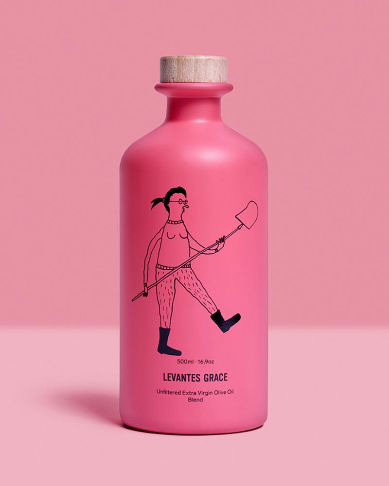 Levantes GRACE - Extra Virgin Olivenöl - 350ml, unfiltriertes Olivenöl in matte-rosa Flasche mit Holzverschluss, handgeerntet auf Levantes Farm, Griechenland, für mediterrane Küche.