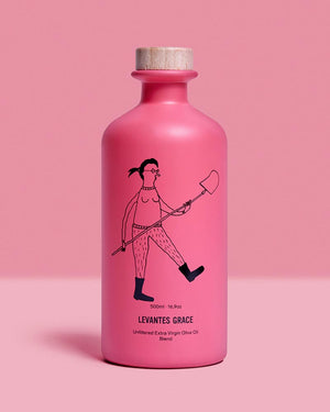 Levantes GRACE - Extra Virgin Olivenöl - 350ml, unfiltriertes Olivenöl in matte-rosa Flasche mit Holzverschluss, handgeerntet auf Levantes Farm, Griechenland, für mediterrane Küche.