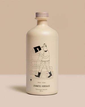 Levantes HERCULES - Extra Virgin Olivenöl - 350ml, matte cremefarbene Flasche mit Holzverschluss, Illustration eines Mannes bei der Olivenernte, ideales Allround-Öl aus Griechenland.