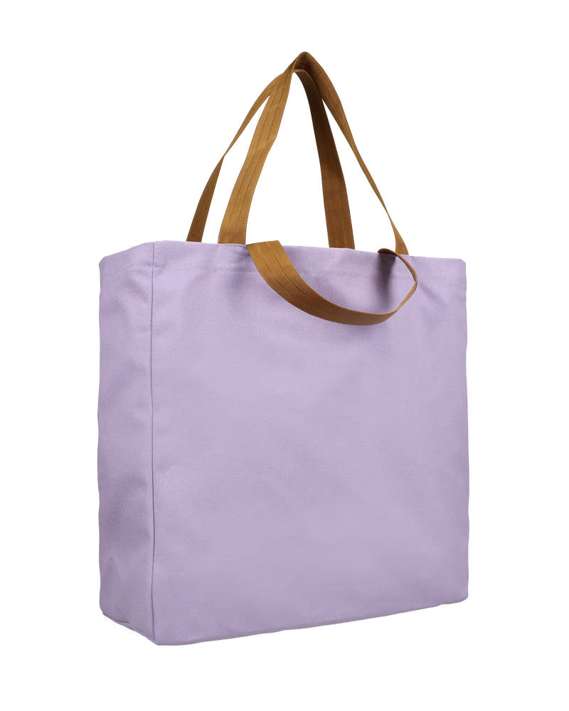 Shopper Lila & Brown aus schwerer Baumwolle mit kurzen und langen braunen Griffen, schlichtes Design ohne Verzierungen, perfekt für vielseitiges Tragen.