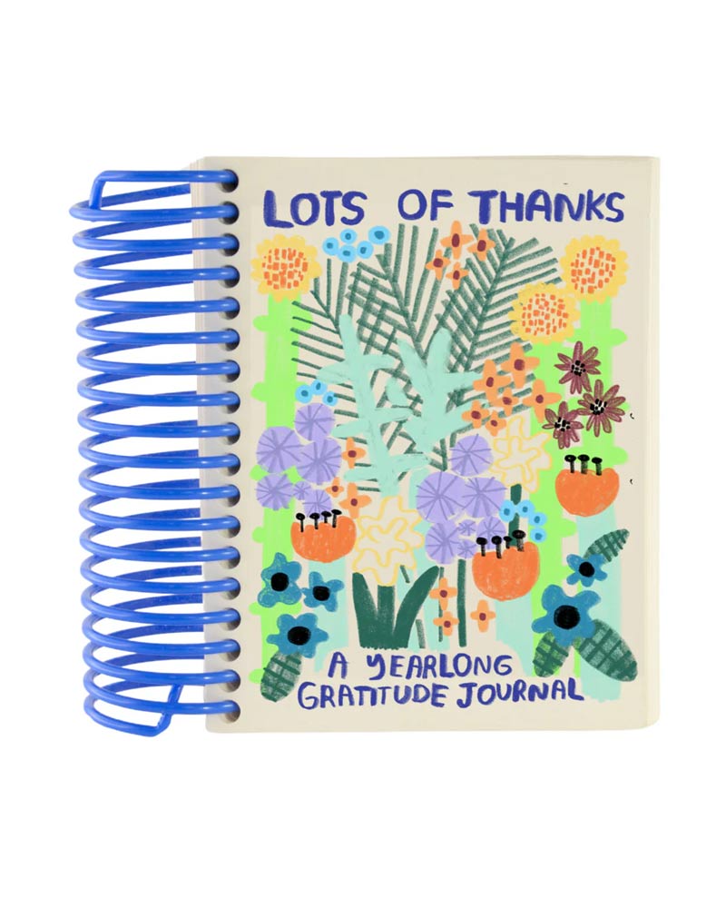 Kleines spiralgebundenes People I've loved Gratitude Lots Of Thanks Notizbuch mit handgezeichnetem floralen Design und blauem Spiralrücken, ideal zum täglichen Festhalten von Dankbarkeitsmomenten.