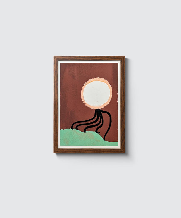 Machon 003 Siebdruck (12x17cm): Abstrakter Kunstdruck mit mintgrünen Formen und schwarzen Linien auf rötlichem Hintergrund, signiert und limitiert auf 50 Exemplare, Rahmen nicht inklusive.