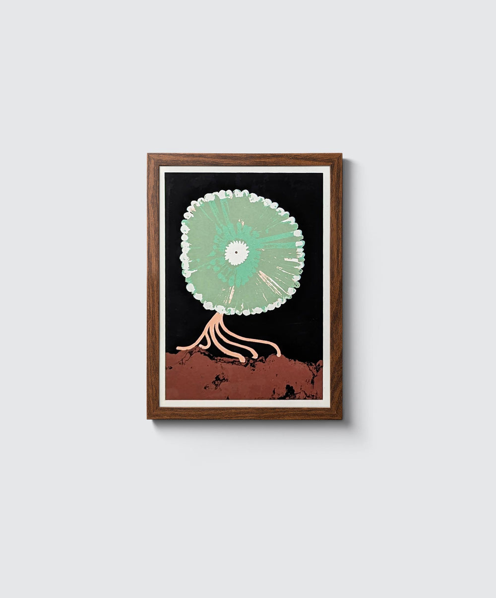 Machon 004 Siebdruck (12x17cm): Abstrakte Kunst mit mintgrünem, weißem Zentrum und pfirsichfarbenen Wurzeln auf braunem Grund, signiert, limitiert auf 50 Exemplare, ohne Rahmen.