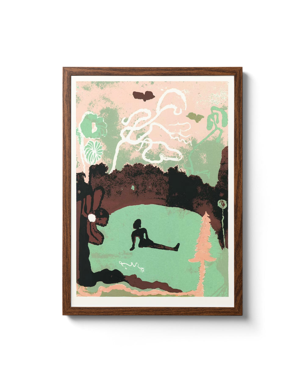 Garten Siebdruck (21x29cm): Abstrakter Druck mit mintgrüner Landschaft, einsamer Figur, stilisiertem Pfirsichbaum und organischen Formen. Limitierte, signierte Edition von Gosia Machon, ungerahmt.