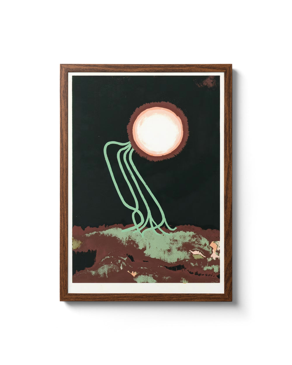 I run I run I run Siebdruck (21x29cm): Abstrakter Druck mit leuchtend-rundem Zentrum, mintfarbenen Linien und erdähnlichem Untergrund, gerahmt in Holz. Limitierte, signierte Edition.