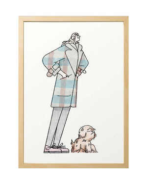 Sergio Membrillas Madrid FineArt Print: Minimalistische Illustration einer schlanken Figur im pastell-karierten Mantel neben kleinem Hund. Erhältlich in DinA4 und DinA3 auf hochwertigem Hahnemühle Papier.